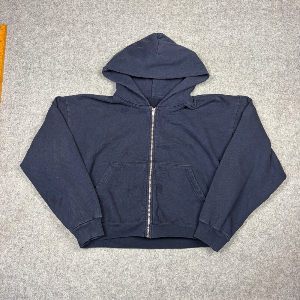 Vintage Navy Blue Full Zip Hoodie Boxy Blank Fleece Sweatshirt Navy L